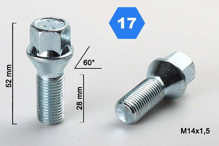 M14x1,5 Wielbout conisch, Draadlengte 28mm, SW 17